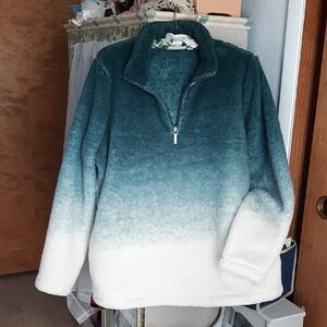 Ladies Pullover Ombre Turquoise and White Women's Sweater Zip Henley Jacket Coat